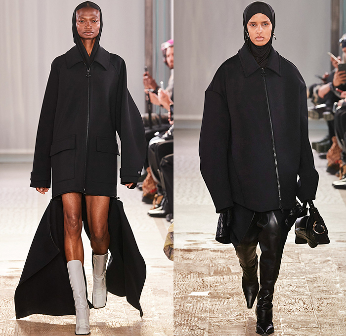 Trussardi 2022-2023 Fall Autumn Winter Womens Runway Looks - Milano Moda Donna Collezione Milan Fashion Week Italy - Strapless Open Shoulders Crop Top Midriff Quilted Puffer Jacket Hoodie Oversized Outerwear Coat Fur Shearling Velvet Zipper Corset Shapewear Crinoline Poodle Skirt High Slit Knit Denim Jeans Miniskirt Wide Leg Baggy Loose Pleats Utility Pockets Cargo Pants Thigh High Boots Handbag Purse