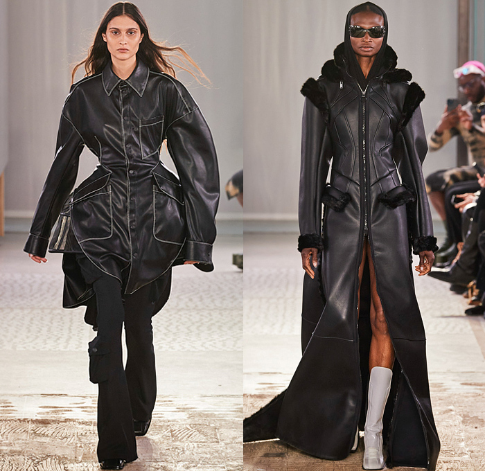 Trussardi 2022-2023 Fall Autumn Winter Womens Runway Looks - Milano Moda Donna Collezione Milan Fashion Week Italy - Strapless Open Shoulders Crop Top Midriff Quilted Puffer Jacket Hoodie Oversized Outerwear Coat Fur Shearling Velvet Zipper Corset Shapewear Crinoline Poodle Skirt High Slit Knit Denim Jeans Miniskirt Wide Leg Baggy Loose Pleats Utility Pockets Cargo Pants Thigh High Boots Handbag Purse