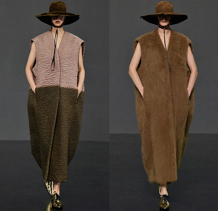 Uma Wang 2022-2023 Fall Autumn Winter Womens Lookbook Presentation - Paris Fashion Week Femme PFW - Nomadic Riders Gaucho Chinit Hat Sleeveless Oversized Tabard Textured Wool Fur Wide Leg Baggy Loose Pants Quilted Arm Warmers Draped Onesie Jumpsuit Coveralls Lattice Coat Patchwork Plaid Check Velvet Jacquard Brocade Blood Stain Blazer Jacket Skirt Decorative Art Flowers Floral Leaves Foliage Plants Turtleneck Pantsuit Asymmetrical Hem Wrap Elongated Hem Crossbody Bag Oxfords Sneakers
