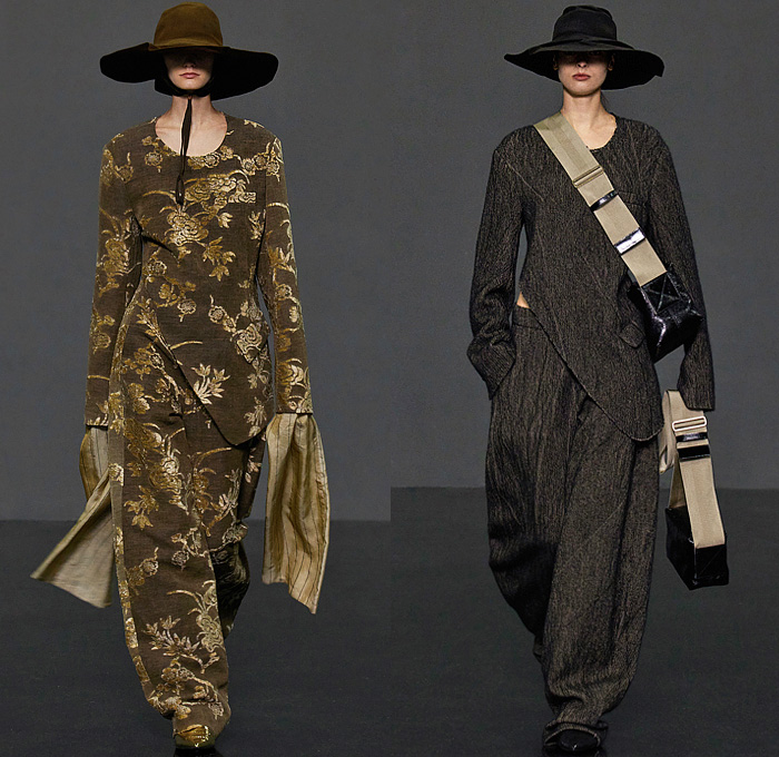 Uma Wang 2022-2023 Fall Autumn Winter Womens Lookbook Presentation - Paris Fashion Week Femme PFW - Nomadic Riders Gaucho Chinit Hat Sleeveless Oversized Tabard Textured Wool Fur Wide Leg Baggy Loose Pants Quilted Arm Warmers Draped Onesie Jumpsuit Coveralls Lattice Coat Patchwork Plaid Check Velvet Jacquard Brocade Blood Stain Blazer Jacket Skirt Decorative Art Flowers Floral Leaves Foliage Plants Turtleneck Pantsuit Asymmetrical Hem Wrap Elongated Hem Crossbody Bag Oxfords Sneakers