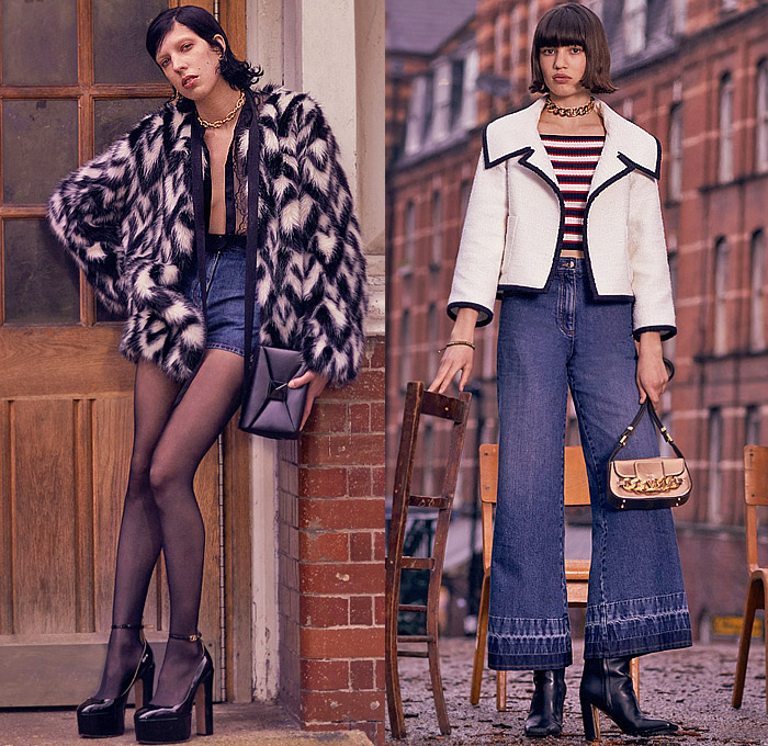 Valentino 2022 Pre-Fall Autumn Womens Lookbook Presentation - Promenade - Fur Coat Stripes Bedazzled Lace Mesh Sheer Tulle Embroidery Crystals Sequins Knit Cardigan Sweater Coat Cape Cloak Bomber Jacket Tabard Geometric Flowers Floral Zebra Stripes Bandeau Crop Top Midriff Gown Halterneck Strapless Feathers Shirtdress Onesie Maxi Dress Noodle Strap Ribbon Blouse Miniskirt Denim Jeans Wide Leg Cutoffs Shorts Tights Stockings Studs Spikes Handbag Purse Chain Loafers Boots Platforms