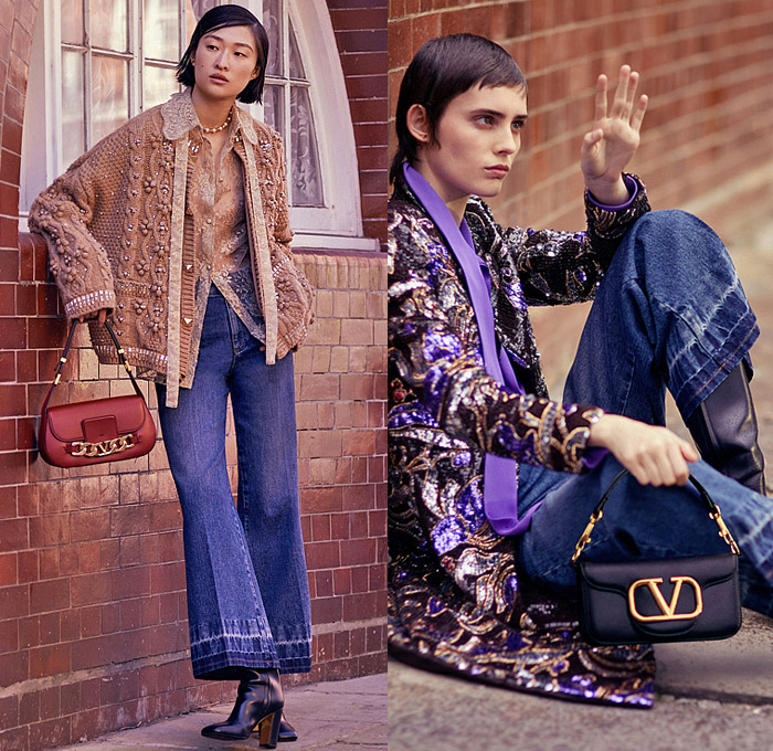 Valentino 2022 Pre-Fall Autumn Womens Lookbook Presentation - Promenade - Fur Coat Stripes Bedazzled Lace Mesh Sheer Tulle Embroidery Crystals Sequins Knit Cardigan Sweater Coat Cape Cloak Bomber Jacket Tabard Geometric Flowers Floral Zebra Stripes Bandeau Crop Top Midriff Gown Halterneck Strapless Feathers Shirtdress Onesie Maxi Dress Noodle Strap Ribbon Blouse Miniskirt Denim Jeans Wide Leg Cutoffs Shorts Tights Stockings Studs Spikes Handbag Purse Chain Loafers Boots Platforms