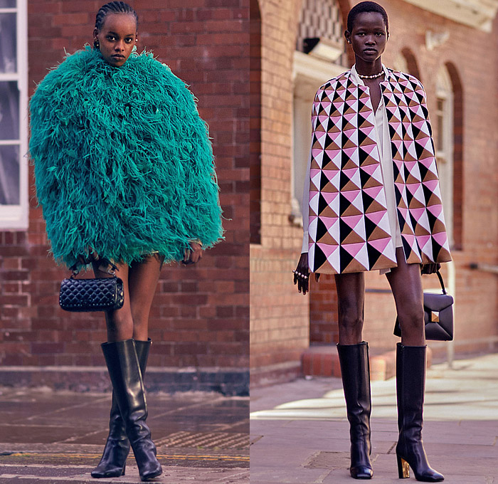 Valentino 2022 Pre-Fall Autumn Womens Lookbook Presentation - Promenade - Fur Coat Stripes Bedazzled Lace Mesh Sheer Tulle Embroidery Crystals Sequins Knit Cardigan Sweater Coat Cape Cloak Bomber Jacket Tabard Geometric Flowers Floral Zebra Stripes Bandeau Crop Top Midriff Gown Halterneck Strapless Feathers Shirtdress Onesie Maxi Dress Noodle Strap Ribbon Blouse Miniskirt Denim Jeans Wide Leg Cutoffs Shorts Tights Stockings Studs Spikes Handbag Purse Chain Loafers Boots Platforms