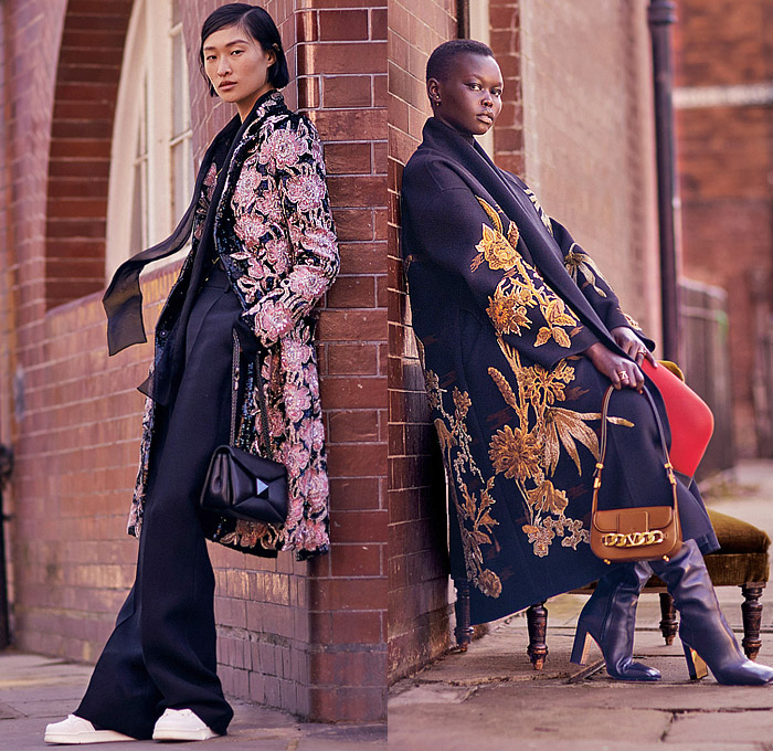 Valentino 2022 Pre-Fall Autumn Womens Lookbook Presentation - Promenade - Fur Coat Stripes Bedazzled Lace Mesh Sheer Tulle Embroidery Crystals Sequins Knit Cardigan Sweater Coat Cape Cloak Bomber Jacket Tabard Geometric Flowers Floral Zebra Stripes Bandeau Crop Top Midriff Gown Halterneck Strapless Feathers Shirtdress Onesie Maxi Dress Noodle Strap Ribbon Blouse Miniskirt Denim Jeans Wide Leg Cutoffs Shorts Tights Stockings Studs Spikes Handbag Purse Chain Loafers Boots Platforms