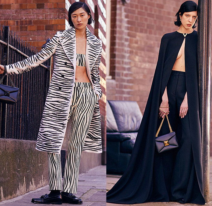 Valentino 2022 Pre-Fall Autumn Womens Lookbook Presentation - Promenade - Fur Coat Stripes Bedazzled Lace Mesh Sheer Tulle Embroidery Crystals Sequins Knit Cardigan Sweater Coat Cape Cloak Bomber Jacket Tabard Geometric Flowers Floral Zebra Stripes Bandeau Crop Top Midriff Gown Halterneck Strapless Feathers Shirtdress Onesie Maxi Dress Noodle Strap Ribbon Blouse Miniskirt Denim Jeans Wide Leg Cutoffs Shorts Tights Stockings Studs Spikes Handbag Purse Chain Loafers Boots Platforms