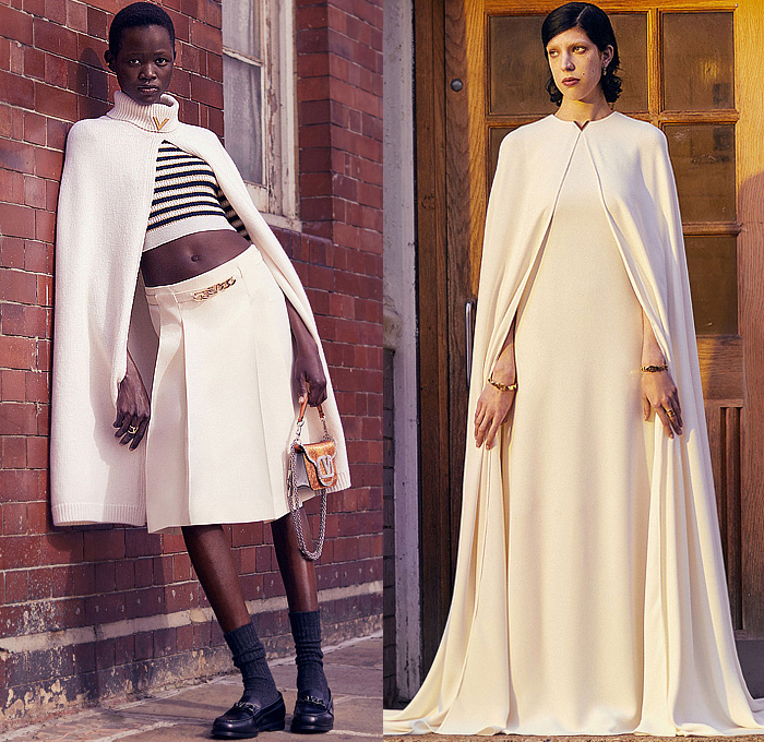 Valentino 2022 Pre-Fall Autumn Womens Lookbook Presentation - Promenade - Fur Coat Stripes Bedazzled Lace Mesh Sheer Tulle Embroidery Crystals Sequins Knit Cardigan Sweater Coat Cape Cloak Bomber Jacket Tabard Geometric Flowers Floral Zebra Stripes Bandeau Crop Top Midriff Gown Halterneck Strapless Feathers Shirtdress Onesie Maxi Dress Noodle Strap Ribbon Blouse Miniskirt Denim Jeans Wide Leg Cutoffs Shorts Tights Stockings Studs Spikes Handbag Purse Chain Loafers Boots Platforms