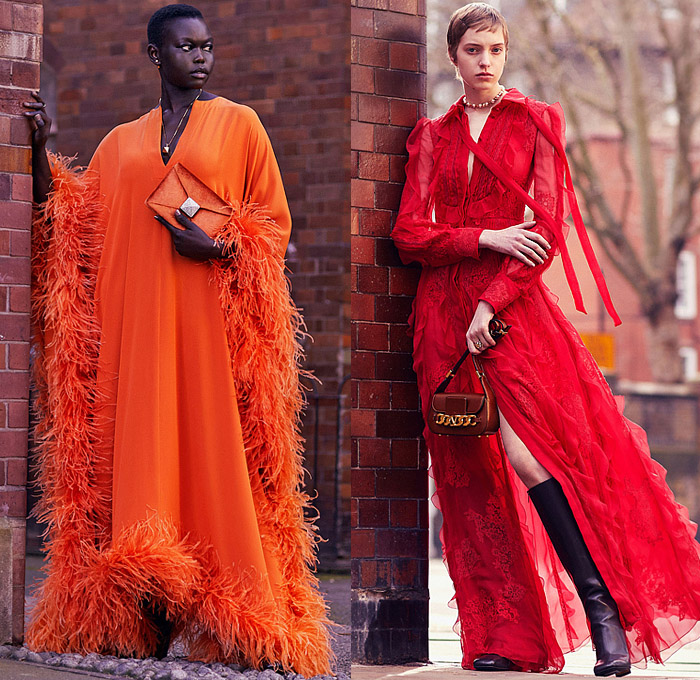 Valentino 2022 Pre-Fall Autumn Womens Lookbook Presentation - Promenade - Fur Coat Stripes Bedazzled Lace Mesh Sheer Tulle Embroidery Crystals Sequins Knit Cardigan Sweater Coat Cape Cloak Bomber Jacket Tabard Geometric Flowers Floral Zebra Stripes Bandeau Crop Top Midriff Gown Halterneck Strapless Feathers Shirtdress Onesie Maxi Dress Noodle Strap Ribbon Blouse Miniskirt Denim Jeans Wide Leg Cutoffs Shorts Tights Stockings Studs Spikes Handbag Purse Chain Loafers Boots Platforms