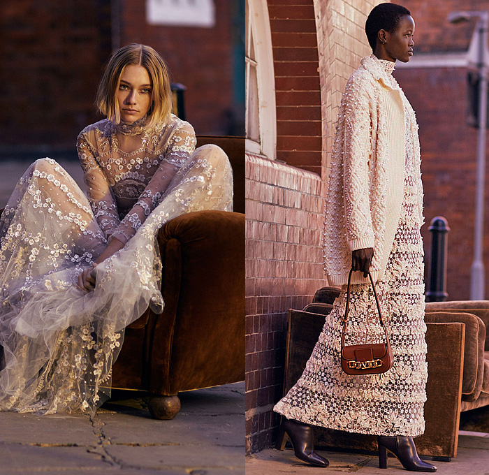 Valentino 2022 Pre-Fall Autumn Womens Lookbook Presentation - Promenade - Fur Coat Stripes Bedazzled Lace Mesh Sheer Tulle Embroidery Crystals Sequins Knit Cardigan Sweater Coat Cape Cloak Bomber Jacket Tabard Geometric Flowers Floral Zebra Stripes Bandeau Crop Top Midriff Gown Halterneck Strapless Feathers Shirtdress Onesie Maxi Dress Noodle Strap Ribbon Blouse Miniskirt Denim Jeans Wide Leg Cutoffs Shorts Tights Stockings Studs Spikes Handbag Purse Chain Loafers Boots Platforms