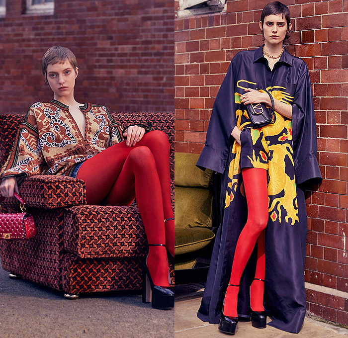 Valentino 2022 Pre-Fall Autumn Womens Lookbook Presentation - Promenade - Fur Coat Stripes Bedazzled Lace Mesh Sheer Tulle Embroidery Crystals Sequins Knit Cardigan Sweater Coat Cape Cloak Bomber Jacket Tabard Geometric Flowers Floral Zebra Stripes Bandeau Crop Top Midriff Gown Halterneck Strapless Feathers Shirtdress Onesie Maxi Dress Noodle Strap Ribbon Blouse Miniskirt Denim Jeans Wide Leg Cutoffs Shorts Tights Stockings Studs Spikes Handbag Purse Chain Loafers Boots Platforms