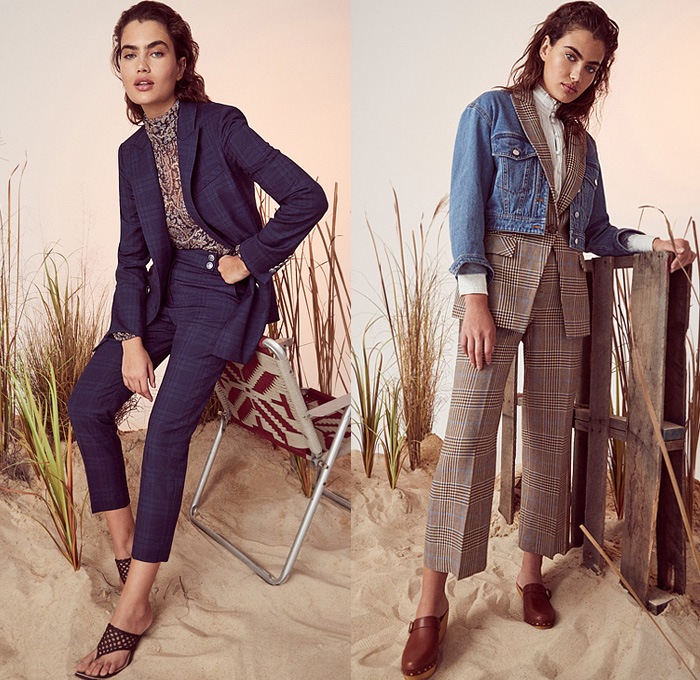 Veronica Beard 2022 Pre-Fall Autumn Womens Lookbook Presentation - Blazer Stripes Long Sleeve Shirt Blouse Quilted Patchwork Flowers Floral Leaves Foliage Fauna Bedazzled Trinkets Beads Handkerchief Hem Skirt Military Officer Denim Jeans Jacket Cargo Utility Pockets Plaid Check Fatigues Pantsuit Decorative Art Ornaments Paisley Braid One Shoulder Tied Onesie Shirtdress Zigzag Jagged Cinch Noodle Strap Silk Satin Dress Clogs