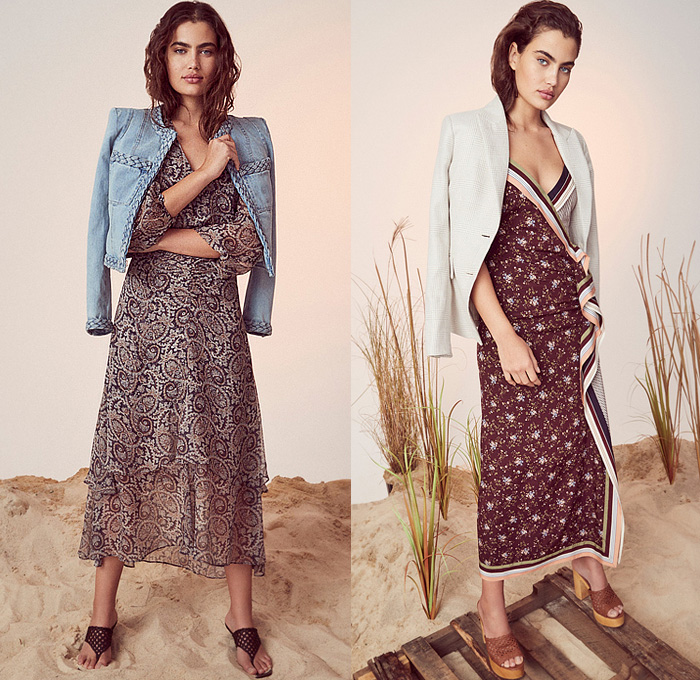 Veronica Beard 2022 Pre-Fall Autumn Womens Lookbook Presentation - Blazer Stripes Long Sleeve Shirt Blouse Quilted Patchwork Flowers Floral Leaves Foliage Fauna Bedazzled Trinkets Beads Handkerchief Hem Skirt Military Officer Denim Jeans Jacket Cargo Utility Pockets Plaid Check Fatigues Pantsuit Decorative Art Ornaments Paisley Braid One Shoulder Tied Onesie Shirtdress Zigzag Jagged Cinch Noodle Strap Silk Satin Dress Clogs