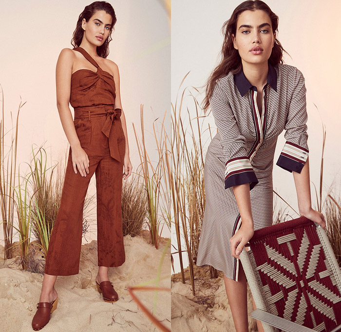 Veronica Beard 2022 Pre-Fall Autumn Womens Lookbook Presentation - Blazer Stripes Long Sleeve Shirt Blouse Quilted Patchwork Flowers Floral Leaves Foliage Fauna Bedazzled Trinkets Beads Handkerchief Hem Skirt Military Officer Denim Jeans Jacket Cargo Utility Pockets Plaid Check Fatigues Pantsuit Decorative Art Ornaments Paisley Braid One Shoulder Tied Onesie Shirtdress Zigzag Jagged Cinch Noodle Strap Silk Satin Dress Clogs