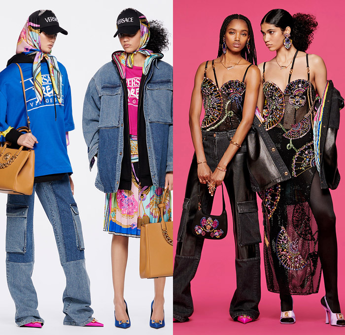 Versace 2022 Pre-Fall Autumn Womens Lookbook Presentation - Silk Scarf Barocco Print Fan Tassels Bedazzled Gems Crystals Embroidery Straps Mesh Miniskirt Cutout Crop Top Midriff Shorts Leggings Tights Coat Biker Motorcycle Jacket Knit Twist Sweater Flare Greek Fret PVC Vinyl Pencil Skirt Bodycon Pleats Shirtdress Pantsuit Blazer Patchwork Cinch Denim Jeans Wide Leg Cargo Pants Pockets Handbag Chain Medusa Wedge Platform Shoes Wrapped Boots Sunglasses