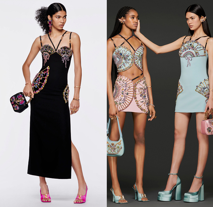 Versace 2022 Pre-Fall Autumn Womens Lookbook Presentation - Silk Scarf Barocco Print Fan Tassels Bedazzled Gems Crystals Embroidery Straps Mesh Miniskirt Cutout Crop Top Midriff Shorts Leggings Tights Coat Biker Motorcycle Jacket Knit Twist Sweater Flare Greek Fret PVC Vinyl Pencil Skirt Bodycon Pleats Shirtdress Pantsuit Blazer Patchwork Cinch Denim Jeans Wide Leg Cargo Pants Pockets Handbag Chain Medusa Wedge Platform Shoes Wrapped Boots Sunglasses