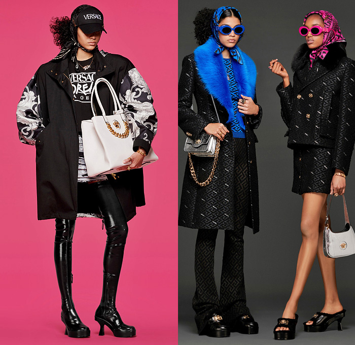 Versace 2022 Pre-Fall Autumn Womens Lookbook Presentation - Silk Scarf Barocco Print Fan Tassels Bedazzled Gems Crystals Embroidery Straps Mesh Miniskirt Cutout Crop Top Midriff Shorts Leggings Tights Coat Biker Motorcycle Jacket Knit Twist Sweater Flare Greek Fret PVC Vinyl Pencil Skirt Bodycon Pleats Shirtdress Pantsuit Blazer Patchwork Cinch Denim Jeans Wide Leg Cargo Pants Pockets Handbag Chain Medusa Wedge Platform Shoes Wrapped Boots Sunglasses