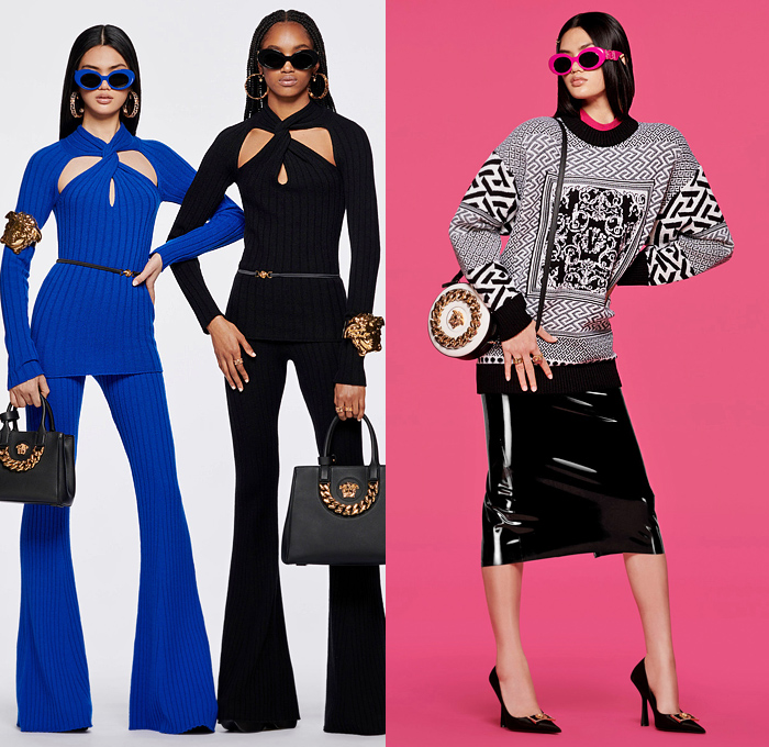 Versace 2022 Pre-Fall Autumn Womens Lookbook Presentation - Silk Scarf Barocco Print Fan Tassels Bedazzled Gems Crystals Embroidery Straps Mesh Miniskirt Cutout Crop Top Midriff Shorts Leggings Tights Coat Biker Motorcycle Jacket Knit Twist Sweater Flare Greek Fret PVC Vinyl Pencil Skirt Bodycon Pleats Shirtdress Pantsuit Blazer Patchwork Cinch Denim Jeans Wide Leg Cargo Pants Pockets Handbag Chain Medusa Wedge Platform Shoes Wrapped Boots Sunglasses