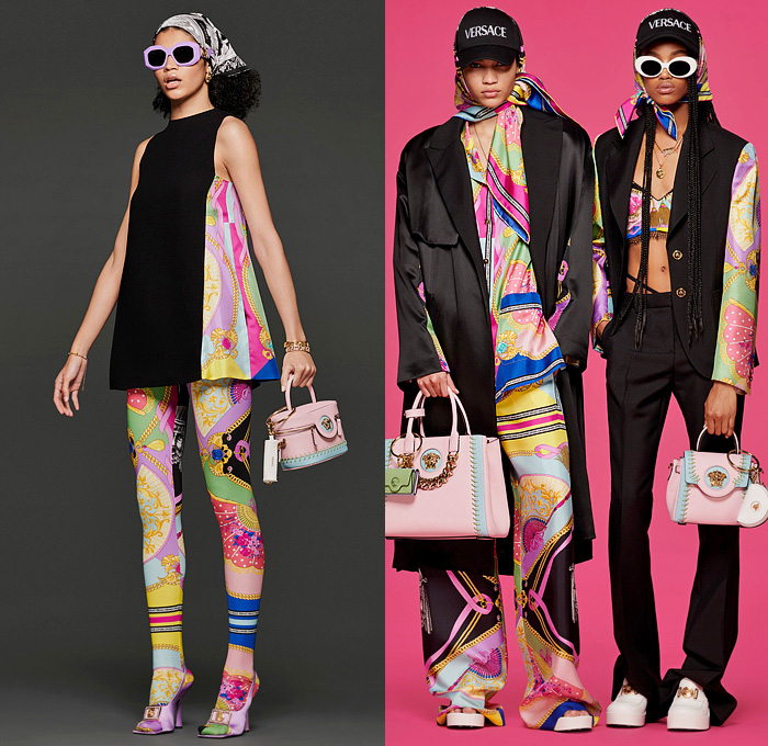 Versace 2022 Pre-Fall Autumn Womens Lookbook Presentation - Silk Scarf Barocco Print Fan Tassels Bedazzled Gems Crystals Embroidery Straps Mesh Miniskirt Cutout Crop Top Midriff Shorts Leggings Tights Coat Biker Motorcycle Jacket Knit Twist Sweater Flare Greek Fret PVC Vinyl Pencil Skirt Bodycon Pleats Shirtdress Pantsuit Blazer Patchwork Cinch Denim Jeans Wide Leg Cargo Pants Pockets Handbag Chain Medusa Wedge Platform Shoes Wrapped Boots Sunglasses