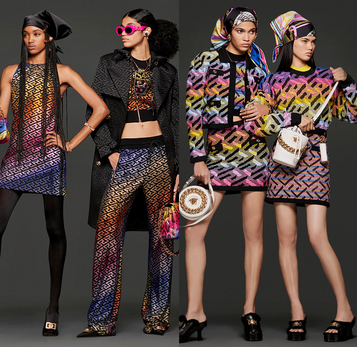 Versace 2022 Pre-Fall Autumn Womens Lookbook Presentation - Silk Scarf Barocco Print Fan Tassels Bedazzled Gems Crystals Embroidery Straps Mesh Miniskirt Cutout Crop Top Midriff Shorts Leggings Tights Coat Biker Motorcycle Jacket Knit Twist Sweater Flare Greek Fret PVC Vinyl Pencil Skirt Bodycon Pleats Shirtdress Pantsuit Blazer Patchwork Cinch Denim Jeans Wide Leg Cargo Pants Pockets Handbag Chain Medusa Wedge Platform Shoes Wrapped Boots Sunglasses