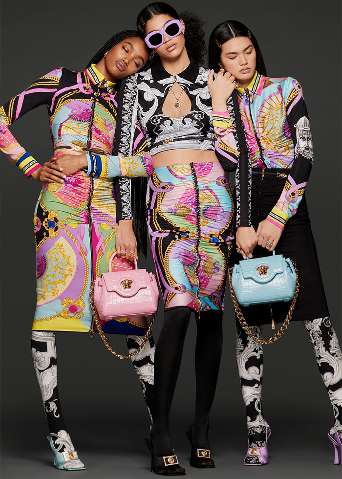 Versace 2022 Pre-Fall Autumn Womens Lookbook Presentation - Silk Scarf Barocco Print Fan Tassels Bedazzled Gems Crystals Embroidery Straps Mesh Miniskirt Cutout Crop Top Midriff Shorts Leggings Tights Coat Biker Motorcycle Jacket Knit Twist Sweater Flare Greek Fret PVC Vinyl Pencil Skirt Bodycon Pleats Shirtdress Pantsuit Blazer Patchwork Cinch Denim Jeans Wide Leg Cargo Pants Pockets Handbag Chain Medusa Wedge Platform Shoes Wrapped Boots Sunglasses