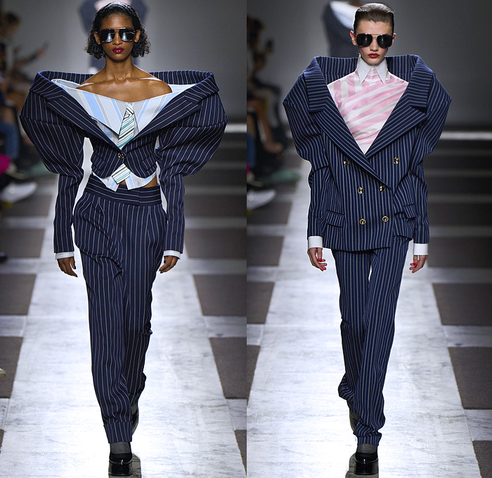 Viktor + Rolf 2022-2023 Fall Autumn Winter Womens Runway Catwalk Looks - Haute Couture Avant Garde High Fashion - Power Dressing Masculine Sculptural Surreal Silhouette Inflated Radical Tailoring Oversized Neck Strong High Shoulders Pinstripe Stripes Pantsuit Blazer Jacket Outerwear Coat Blouse Shirt Long Sleeve Shirtdress Strapless Bow Leg O'Mutton Sleeves Wrap Draped Tuxedo Train Wool Wide Lapel Turtleneck Cinch Curls Check Slouchy Wide Leg Glitter Houndstooth Puff Ball Pleats 