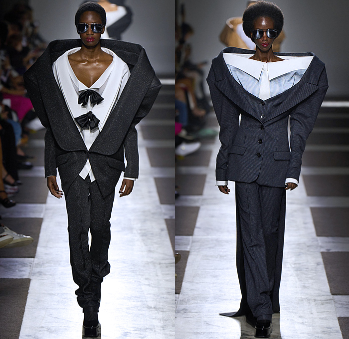 Viktor + Rolf 2022-2023 Fall Autumn Winter Womens Runway Catwalk Looks - Haute Couture Avant Garde High Fashion - Power Dressing Masculine Sculptural Surreal Silhouette Inflated Radical Tailoring Oversized Neck Strong High Shoulders Pinstripe Stripes Pantsuit Blazer Jacket Outerwear Coat Blouse Shirt Long Sleeve Shirtdress Strapless Bow Leg O'Mutton Sleeves Wrap Draped Tuxedo Train Wool Wide Lapel Turtleneck Cinch Curls Check Slouchy Wide Leg Glitter Houndstooth Puff Ball Pleats 