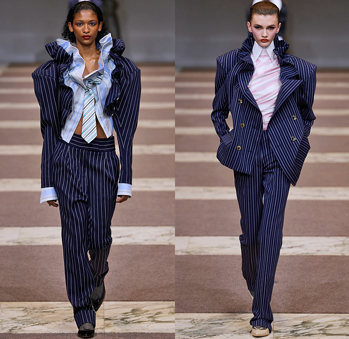 Viktor + Rolf 2022-2023 Fall Autumn Winter Womens Runway Catwalk Looks - Haute Couture Avant Garde High Fashion - Power Dressing Masculine Sculptural Surreal Silhouette Inflated Radical Tailoring Oversized Neck Strong High Shoulders Pinstripe Stripes Pantsuit Blazer Jacket Outerwear Coat Blouse Shirt Long Sleeve Shirtdress Strapless Bow Leg O'Mutton Sleeves Wrap Draped Tuxedo Train Wool Wide Lapel Turtleneck Cinch Curls Check Slouchy Wide Leg Glitter Houndstooth Puff Ball Pleats 