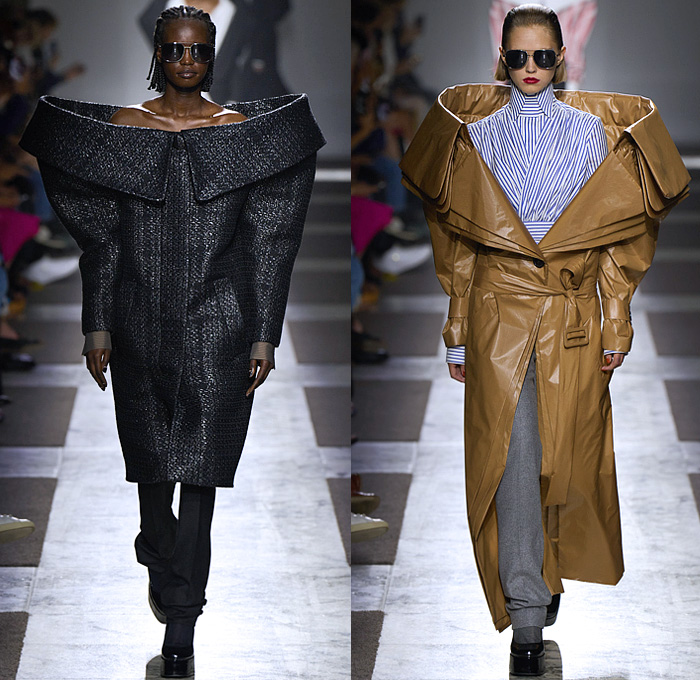 Viktor + Rolf 2022-2023 Fall Autumn Winter Womens Runway Catwalk Looks - Haute Couture Avant Garde High Fashion - Power Dressing Masculine Sculptural Surreal Silhouette Inflated Radical Tailoring Oversized Neck Strong High Shoulders Pinstripe Stripes Pantsuit Blazer Jacket Outerwear Coat Blouse Shirt Long Sleeve Shirtdress Strapless Bow Leg O'Mutton Sleeves Wrap Draped Tuxedo Train Wool Wide Lapel Turtleneck Cinch Curls Check Slouchy Wide Leg Glitter Houndstooth Puff Ball Pleats 