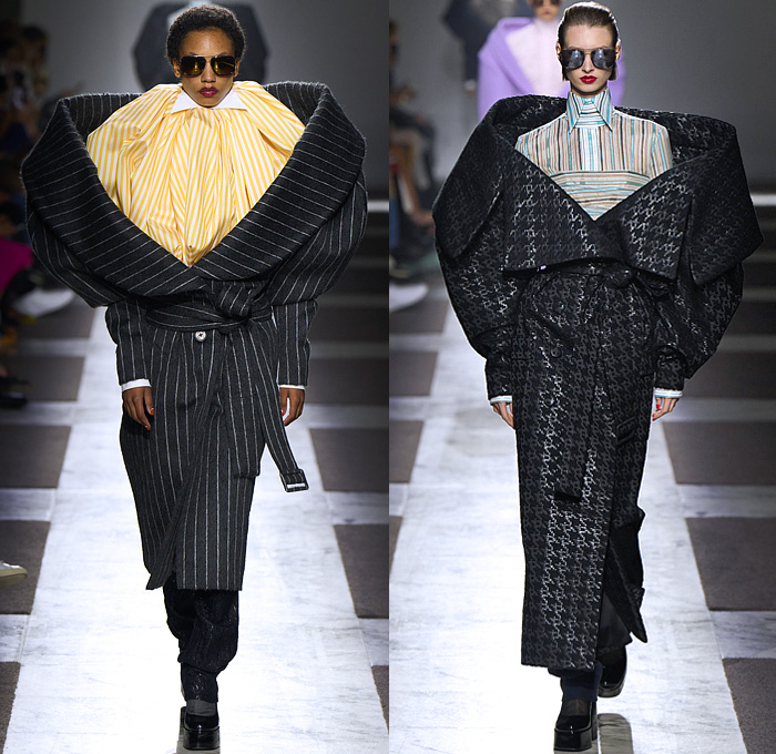 Viktor + Rolf 2022-2023 Fall Autumn Winter Womens Runway Catwalk Looks - Haute Couture Avant Garde High Fashion - Power Dressing Masculine Sculptural Surreal Silhouette Inflated Radical Tailoring Oversized Neck Strong High Shoulders Pinstripe Stripes Pantsuit Blazer Jacket Outerwear Coat Blouse Shirt Long Sleeve Shirtdress Strapless Bow Leg O'Mutton Sleeves Wrap Draped Tuxedo Train Wool Wide Lapel Turtleneck Cinch Curls Check Slouchy Wide Leg Glitter Houndstooth Puff Ball Pleats 