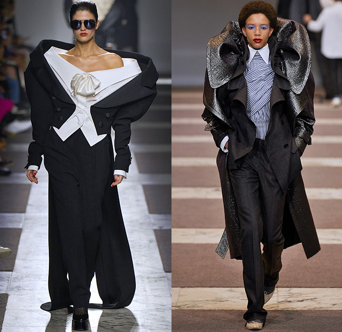 Viktor + Rolf 2022-2023 Fall Autumn Winter Womens Runway Catwalk Looks - Haute Couture Avant Garde High Fashion - Power Dressing Masculine Sculptural Surreal Silhouette Inflated Radical Tailoring Oversized Neck Strong High Shoulders Pinstripe Stripes Pantsuit Blazer Jacket Outerwear Coat Blouse Shirt Long Sleeve Shirtdress Strapless Bow Leg O'Mutton Sleeves Wrap Draped Tuxedo Train Wool Wide Lapel Turtleneck Cinch Curls Check Slouchy Wide Leg Glitter Houndstooth Puff Ball Pleats 