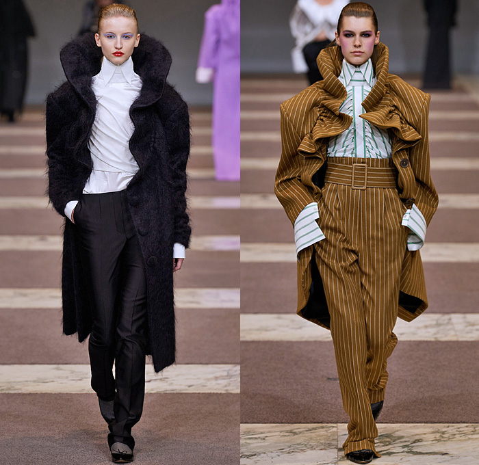 Viktor + Rolf 2022-2023 Fall Autumn Winter Womens Runway Catwalk Looks - Haute Couture Avant Garde High Fashion - Power Dressing Masculine Sculptural Surreal Silhouette Inflated Radical Tailoring Oversized Neck Strong High Shoulders Pinstripe Stripes Pantsuit Blazer Jacket Outerwear Coat Blouse Shirt Long Sleeve Shirtdress Strapless Bow Leg O'Mutton Sleeves Wrap Draped Tuxedo Train Wool Wide Lapel Turtleneck Cinch Curls Check Slouchy Wide Leg Glitter Houndstooth Puff Ball Pleats 