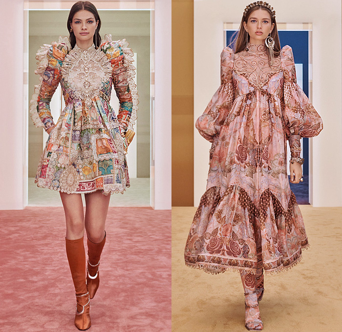 Zimmermann 2022-2023 Fall Autumn Winter Womens Runway Collection - New York Fashion Week NYFW - Stargazer Kaleidoscope Bell Sleeves Frills Tiered Ruffles Flare Shirtdress Leggings Knit Crochet Poncho Halterneck Lace Embroidery Patchwork Poufy Shoulders Puff Sleeves Leg O'Mutton Gown Flowers Floral Fringes Sheer Bomber Jacket Tassels Pompoms Capelet Polka Dots Stars Babydoll Dress Peacoat Coins Wide Leg Coat Shorts Plaid Check Denim Jeans Culottes Zodiac Signs Horoscope Bandeau Boots