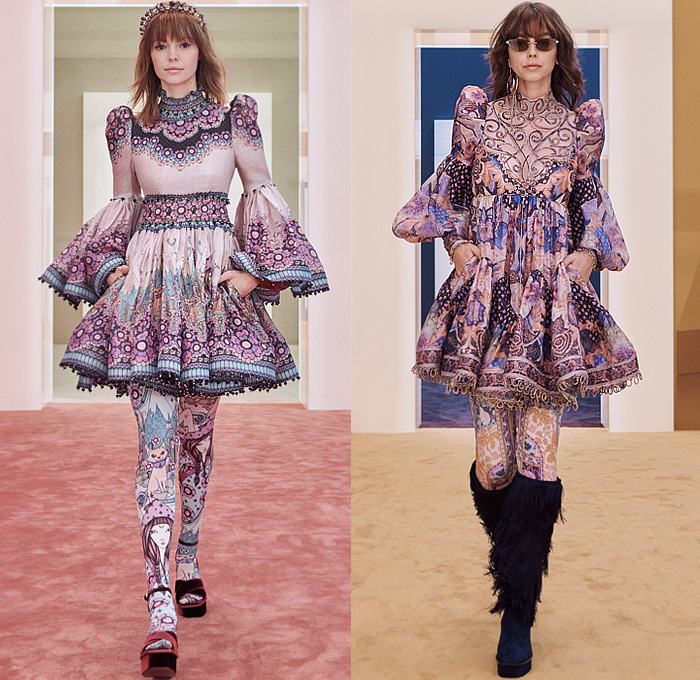 Zimmermann 2022-2023 Fall Autumn Winter Womens Runway Collection - New York Fashion Week NYFW - Stargazer Kaleidoscope Bell Sleeves Frills Tiered Ruffles Flare Shirtdress Leggings Knit Crochet Poncho Halterneck Lace Embroidery Patchwork Poufy Shoulders Puff Sleeves Leg O'Mutton Gown Flowers Floral Fringes Sheer Bomber Jacket Tassels Pompoms Capelet Polka Dots Stars Babydoll Dress Peacoat Coins Wide Leg Coat Shorts Plaid Check Denim Jeans Culottes Zodiac Signs Horoscope Bandeau Boots