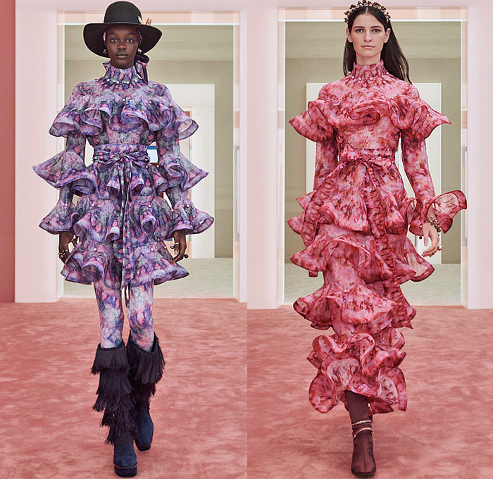 Zimmermann 2022-2023 Fall Autumn Winter Womens Runway Collection - New York Fashion Week NYFW - Stargazer Kaleidoscope Bell Sleeves Frills Tiered Ruffles Flare Shirtdress Leggings Knit Crochet Poncho Halterneck Lace Embroidery Patchwork Poufy Shoulders Puff Sleeves Leg O'Mutton Gown Flowers Floral Fringes Sheer Bomber Jacket Tassels Pompoms Capelet Polka Dots Stars Babydoll Dress Peacoat Coins Wide Leg Coat Shorts Plaid Check Denim Jeans Culottes Zodiac Signs Horoscope Bandeau Boots