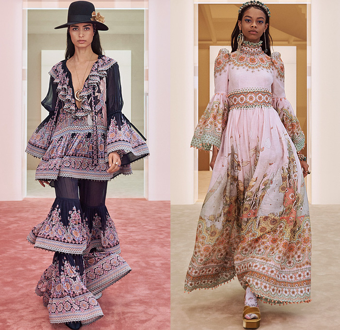 Zimmermann 2022-2023 Fall Autumn Winter Womens Runway Collection - New York Fashion Week NYFW - Stargazer Kaleidoscope Bell Sleeves Frills Tiered Ruffles Flare Shirtdress Leggings Knit Crochet Poncho Halterneck Lace Embroidery Patchwork Poufy Shoulders Puff Sleeves Leg O'Mutton Gown Flowers Floral Fringes Sheer Bomber Jacket Tassels Pompoms Capelet Polka Dots Stars Babydoll Dress Peacoat Coins Wide Leg Coat Shorts Plaid Check Denim Jeans Culottes Zodiac Signs Horoscope Bandeau Boots