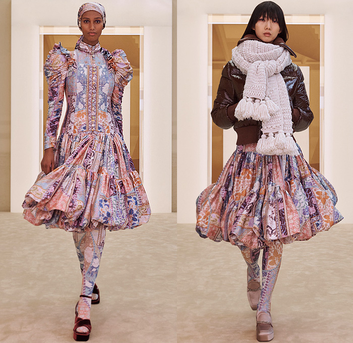 Zimmermann 2022-2023 Fall Autumn Winter Womens Runway Collection - New York Fashion Week NYFW - Stargazer Kaleidoscope Bell Sleeves Frills Tiered Ruffles Flare Shirtdress Leggings Knit Crochet Poncho Halterneck Lace Embroidery Patchwork Poufy Shoulders Puff Sleeves Leg O'Mutton Gown Flowers Floral Fringes Sheer Bomber Jacket Tassels Pompoms Capelet Polka Dots Stars Babydoll Dress Peacoat Coins Wide Leg Coat Shorts Plaid Check Denim Jeans Culottes Zodiac Signs Horoscope Bandeau Boots