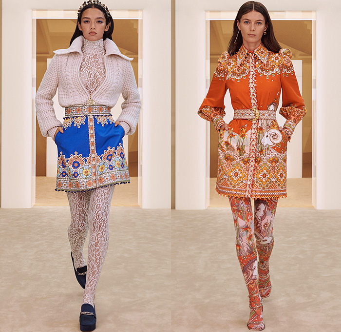 Zimmermann 2022-2023 Fall Autumn Winter Womens Runway Collection - New York Fashion Week NYFW - Stargazer Kaleidoscope Bell Sleeves Frills Tiered Ruffles Flare Shirtdress Leggings Knit Crochet Poncho Halterneck Lace Embroidery Patchwork Poufy Shoulders Puff Sleeves Leg O'Mutton Gown Flowers Floral Fringes Sheer Bomber Jacket Tassels Pompoms Capelet Polka Dots Stars Babydoll Dress Peacoat Coins Wide Leg Coat Shorts Plaid Check Denim Jeans Culottes Zodiac Signs Horoscope Bandeau Boots