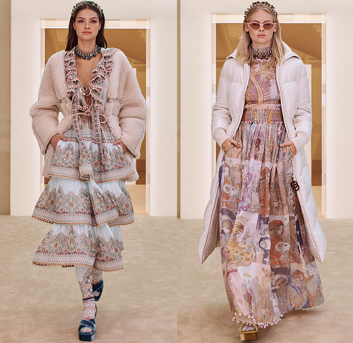 Zimmermann 2022-2023 Fall Autumn Winter Womens Runway Collection - New York Fashion Week NYFW - Stargazer Kaleidoscope Bell Sleeves Frills Tiered Ruffles Flare Shirtdress Leggings Knit Crochet Poncho Halterneck Lace Embroidery Patchwork Poufy Shoulders Puff Sleeves Leg O'Mutton Gown Flowers Floral Fringes Sheer Bomber Jacket Tassels Pompoms Capelet Polka Dots Stars Babydoll Dress Peacoat Coins Wide Leg Coat Shorts Plaid Check Denim Jeans Culottes Zodiac Signs Horoscope Bandeau Boots