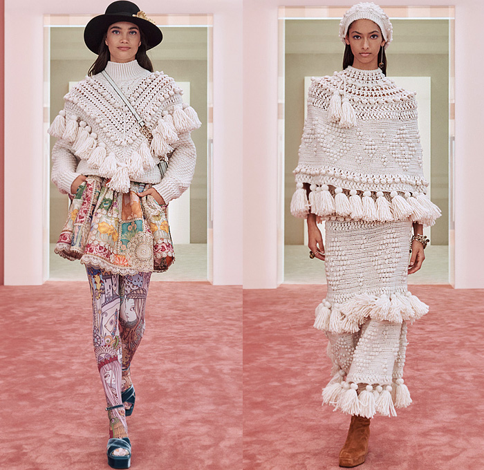 Zimmermann 2022-2023 Fall Autumn Winter Womens Runway Collection - New York Fashion Week NYFW - Stargazer Kaleidoscope Bell Sleeves Frills Tiered Ruffles Flare Shirtdress Leggings Knit Crochet Poncho Halterneck Lace Embroidery Patchwork Poufy Shoulders Puff Sleeves Leg O'Mutton Gown Flowers Floral Fringes Sheer Bomber Jacket Tassels Pompoms Capelet Polka Dots Stars Babydoll Dress Peacoat Coins Wide Leg Coat Shorts Plaid Check Denim Jeans Culottes Zodiac Signs Horoscope Bandeau Boots