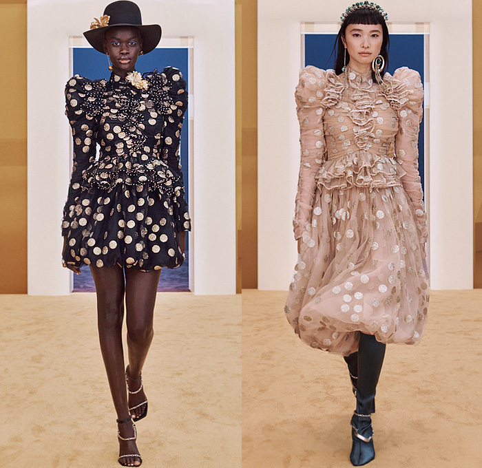 Zimmermann 2022-2023 Fall Autumn Winter Womens Runway Collection - New York Fashion Week NYFW - Stargazer Kaleidoscope Bell Sleeves Frills Tiered Ruffles Flare Shirtdress Leggings Knit Crochet Poncho Halterneck Lace Embroidery Patchwork Poufy Shoulders Puff Sleeves Leg O'Mutton Gown Flowers Floral Fringes Sheer Bomber Jacket Tassels Pompoms Capelet Polka Dots Stars Babydoll Dress Peacoat Coins Wide Leg Coat Shorts Plaid Check Denim Jeans Culottes Zodiac Signs Horoscope Bandeau Boots