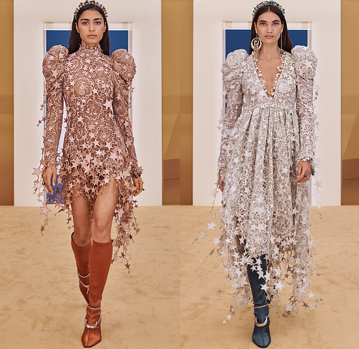 Zimmermann 2022-2023 Fall Autumn Winter Womens Runway Collection - New York Fashion Week NYFW - Stargazer Kaleidoscope Bell Sleeves Frills Tiered Ruffles Flare Shirtdress Leggings Knit Crochet Poncho Halterneck Lace Embroidery Patchwork Poufy Shoulders Puff Sleeves Leg O'Mutton Gown Flowers Floral Fringes Sheer Bomber Jacket Tassels Pompoms Capelet Polka Dots Stars Babydoll Dress Peacoat Coins Wide Leg Coat Shorts Plaid Check Denim Jeans Culottes Zodiac Signs Horoscope Bandeau Boots