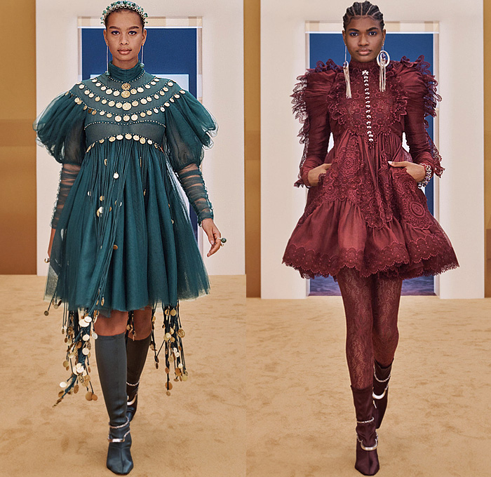 Zimmermann 2022-2023 Fall Autumn Winter Womens Runway Collection - New York Fashion Week NYFW - Stargazer Kaleidoscope Bell Sleeves Frills Tiered Ruffles Flare Shirtdress Leggings Knit Crochet Poncho Halterneck Lace Embroidery Patchwork Poufy Shoulders Puff Sleeves Leg O'Mutton Gown Flowers Floral Fringes Sheer Bomber Jacket Tassels Pompoms Capelet Polka Dots Stars Babydoll Dress Peacoat Coins Wide Leg Coat Shorts Plaid Check Denim Jeans Culottes Zodiac Signs Horoscope Bandeau Boots