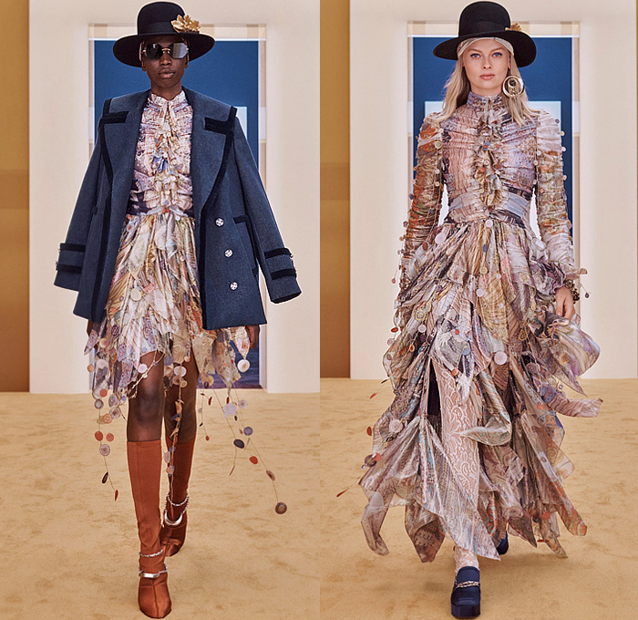 Zimmermann 2022-2023 Fall Autumn Winter Womens Runway Collection - New York Fashion Week NYFW - Stargazer Kaleidoscope Bell Sleeves Frills Tiered Ruffles Flare Shirtdress Leggings Knit Crochet Poncho Halterneck Lace Embroidery Patchwork Poufy Shoulders Puff Sleeves Leg O'Mutton Gown Flowers Floral Fringes Sheer Bomber Jacket Tassels Pompoms Capelet Polka Dots Stars Babydoll Dress Peacoat Coins Wide Leg Coat Shorts Plaid Check Denim Jeans Culottes Zodiac Signs Horoscope Bandeau Boots