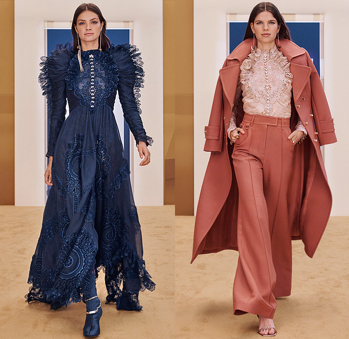 Zimmermann 2022-2023 Fall Autumn Winter Womens Runway Collection - New York Fashion Week NYFW - Stargazer Kaleidoscope Bell Sleeves Frills Tiered Ruffles Flare Shirtdress Leggings Knit Crochet Poncho Halterneck Lace Embroidery Patchwork Poufy Shoulders Puff Sleeves Leg O'Mutton Gown Flowers Floral Fringes Sheer Bomber Jacket Tassels Pompoms Capelet Polka Dots Stars Babydoll Dress Peacoat Coins Wide Leg Coat Shorts Plaid Check Denim Jeans Culottes Zodiac Signs Horoscope Bandeau Boots