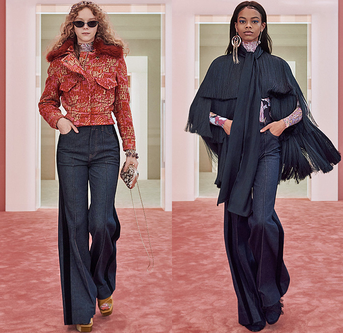 Zimmermann 2022-2023 Fall Autumn Winter Womens Runway Collection - New York Fashion Week NYFW - Stargazer Kaleidoscope Bell Sleeves Frills Tiered Ruffles Flare Shirtdress Leggings Knit Crochet Poncho Halterneck Lace Embroidery Patchwork Poufy Shoulders Puff Sleeves Leg O'Mutton Gown Flowers Floral Fringes Sheer Bomber Jacket Tassels Pompoms Capelet Polka Dots Stars Babydoll Dress Peacoat Coins Wide Leg Coat Shorts Plaid Check Denim Jeans Culottes Zodiac Signs Horoscope Bandeau Boots