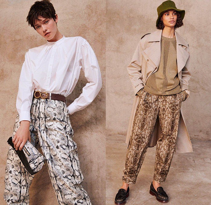 Alberta Ferretti 2022 Resort Cruise Pre-Spring Womens Lookbook Presentation - Snakeskin Grunge Stained Denim Jeans Trucker Jacket Knit Sweater Mesh Puritan Collar Lace Embroidery Eyelets Blouse Utility Pockets Crop Top Midriff Trench Coat Onesie Jumpsuit Coveralls Pantsuit Blazer Open Back Strings Bedazzled Sequins Beads Safari Shirtdress Midi Skirt Dress Gown Halterneck Draped Sheer Pleats Miniskirt Cargo Pants Wide Leg Palazzo Pants Handbag Basket Boots Wedge Sandals Bucket Hat