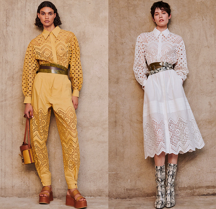 Alberta Ferretti 2022 Resort Cruise Pre-Spring Womens Lookbook Presentation - Snakeskin Grunge Stained Denim Jeans Trucker Jacket Knit Sweater Mesh Puritan Collar Lace Embroidery Eyelets Blouse Utility Pockets Crop Top Midriff Trench Coat Onesie Jumpsuit Coveralls Pantsuit Blazer Open Back Strings Bedazzled Sequins Beads Safari Shirtdress Midi Skirt Dress Gown Halterneck Draped Sheer Pleats Miniskirt Cargo Pants Wide Leg Palazzo Pants Handbag Basket Boots Wedge Sandals Bucket Hat