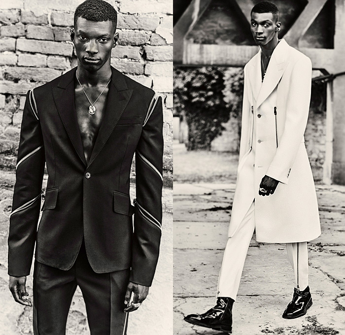 Alexander McQueen 2022 Spring Summer Mens Lookbook Collection Presentation - William Blake Dante Print Artwork Tailored Wool Slashed Sleeves Suit Blazer Zipper Spiral Silver Ivory Peg Trousers Silk Double-Breasted Coat Outerwear Overcoat Exploded Ruffles Frills Tiered Frayed Raw Hem Satin Dropped Shoulder Asymmetrical Top Long Sleeve Bodice Embroidery Tankdress Shirtdress T-Shirtdress Mandress Shredded Chiffon Tulle Sheer Organza Bedazzled Crystals Sequins Glitter Boots Trainers