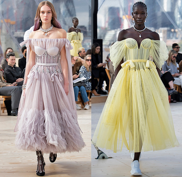 Alexander McQueen 2022 Spring Summer Womens Runway Looks Collection London UK - One Shoulder Ribbons Stormy Sky Cloud Strapless Bustier Biker Jacket Leather Spliced Peg Trousers Zipper Check Crystal Raindrop Sequins Studs Embroidery Skeletal Corset Parachute Exploded Skirt Balloon Puff Sleeves Cocoon Poufy Shoulders Dress Gown Pleats Straps Bralette Peplum Pockets Patchwork Denim Jeans Cutout Tutu Sheer Tulle Ruffles Veil Fringes Trench Coat Arc Boots Trainers Sneakers Handbag