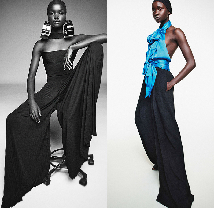 Alexandre Vauthier 2022 Spring Summer Womens Lookbook Presentation - Mode à Paris Fashion Week France - Boxy Frankenstein Shoulders Blazer Jacket Pantsuit Pinstripe Wide Leg Palazzo Pants Onesie Jumpsuit Strapless Halterneck Silk Satin Pussy Bow Draped Sleeveless Blouse Headwrap Bedazzled Crystals Studs Sequins Noodle Strap Dress Ruffles One Shoulder Shaggy Trench Coat Parka Rainwear Hoodie Feathers Gown Fringes Boots