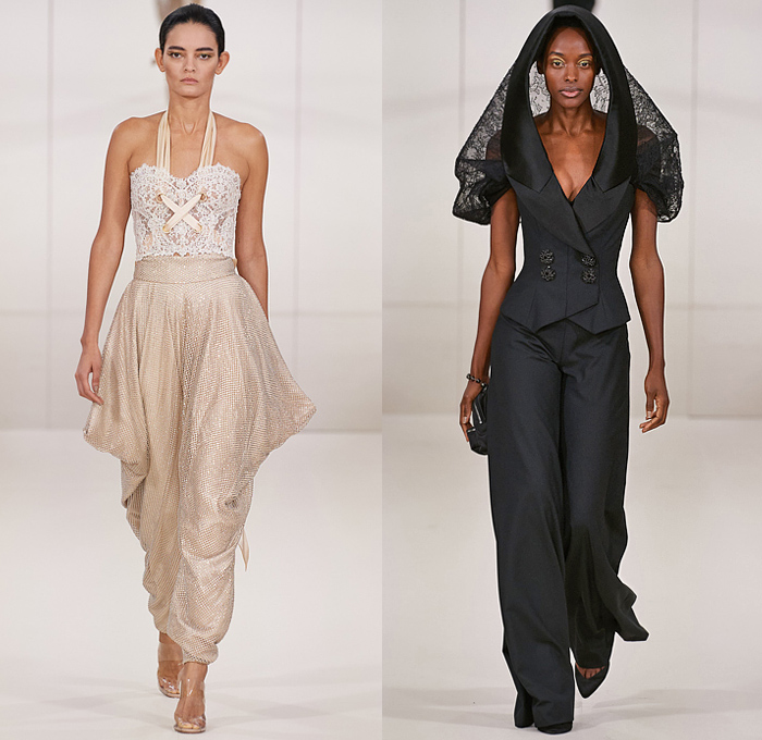 Alexis Mabille 2022 Spring Couture Womens Runway Looks - Haute Couture Avant Garde High Fashion - Bedazzled Sequins Embroidery Crystals Draped Lace Bustier Corset Ribbons Mesh Velvet Organza Silk Butterflies Oversized Tuxedo Dress Gown Ruffles Sheer Tulle Leaves Tights Leggings Cape Train Blouse Halterneck Hoodie Wide Leg One Shoulder Architecture Strapless Hanging Sleeve Reverse Coat Wrap Onesie Shirtdress Stripes Tuxedo Accordion Pleats Turtleneck Catsuit Unitard Floppy Hat